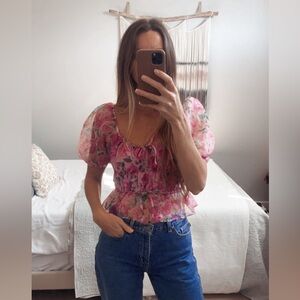 Joie Pink Floral Sheer Puff Sleeve Blouse